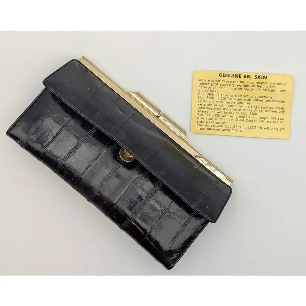 💜Vintage 1980s Black Genuine Eel Skin Kiss-Lock Clutch Wallet